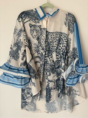 Yolly Printed Blue & White Button-Down Shirt/Kimono/Bathing suit cover-up